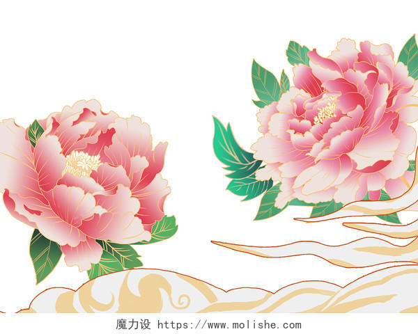粉色手绘卡通国潮小清新牡丹花花朵花卉元素PNG素材